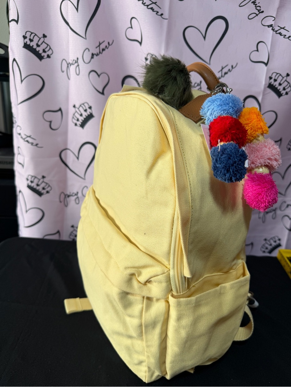 Thirty-one Yellow Canvas Backpack with Multicolor Pom Pom Charm